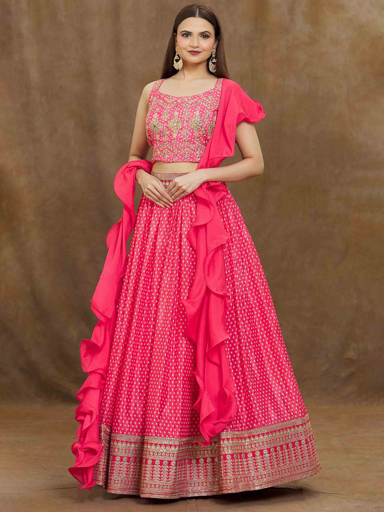 Stunning Pink Digital Printed Chinon Reception Wear Lehenga Choli
