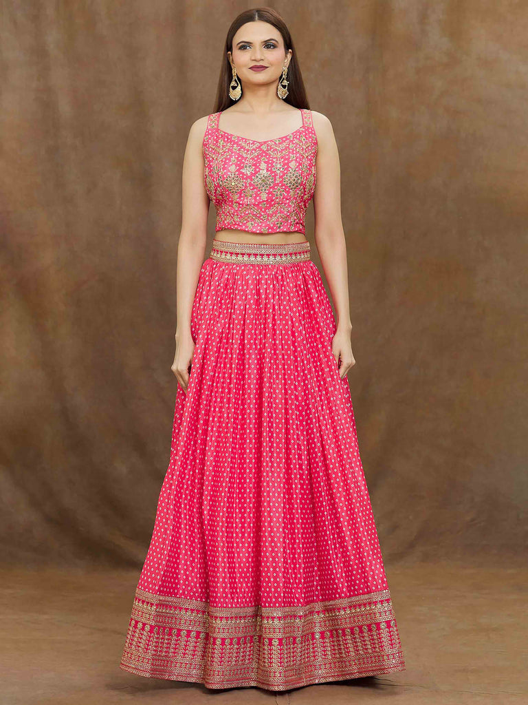 Stunning Pink Digital Printed Chinon Reception Wear Lehenga Choli