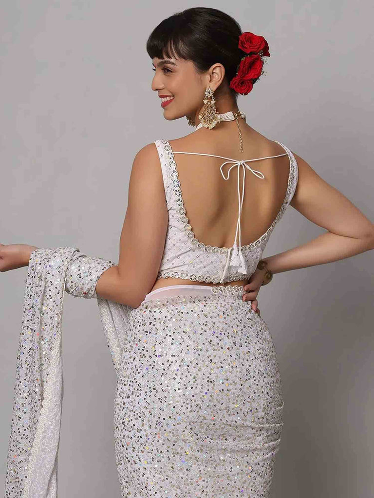 Beautiful White Sequins Georgette Party Wear Saree With Blouse