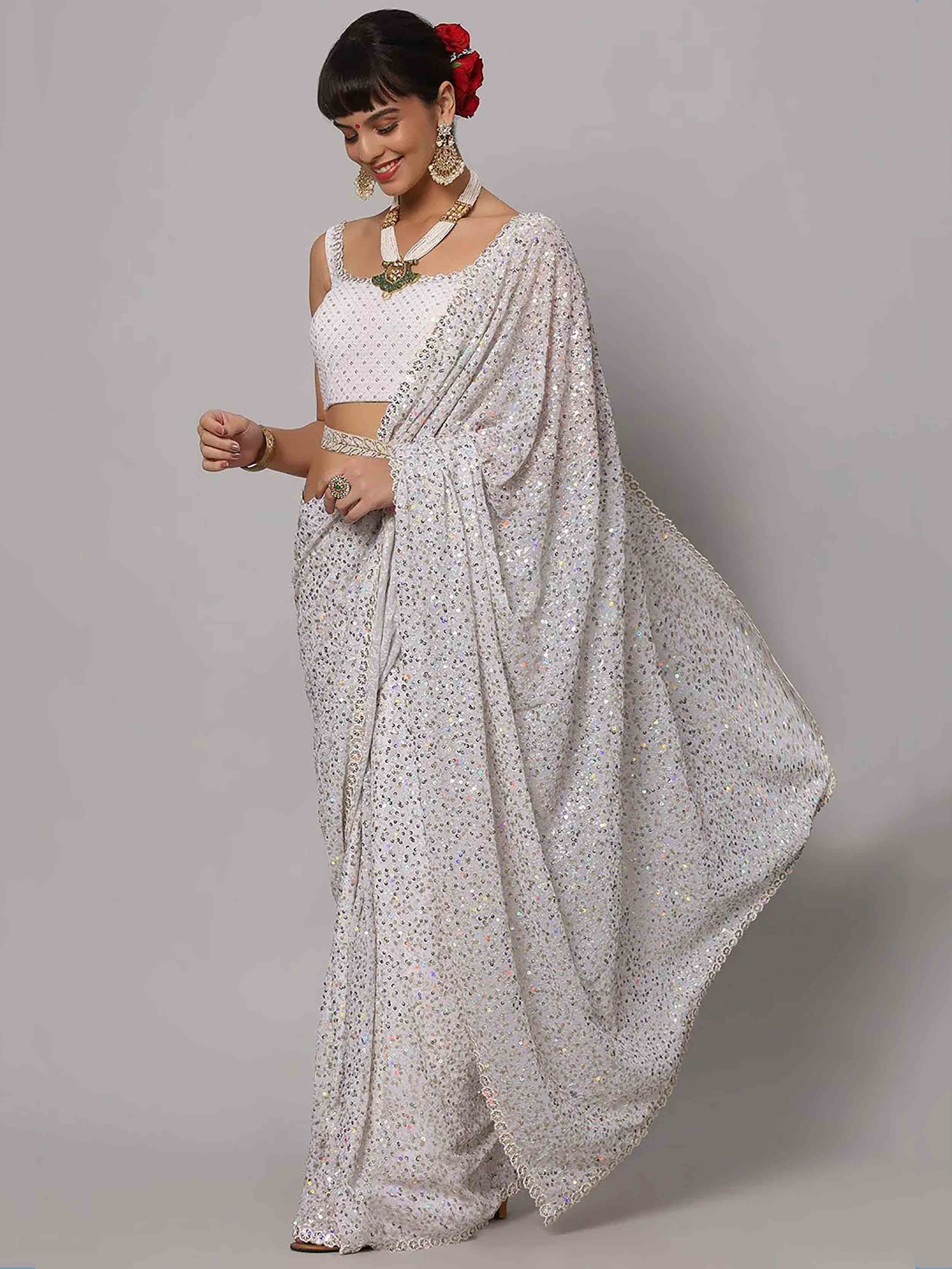 Beautiful White Sequins Georgette Party Wear Saree With Blouse