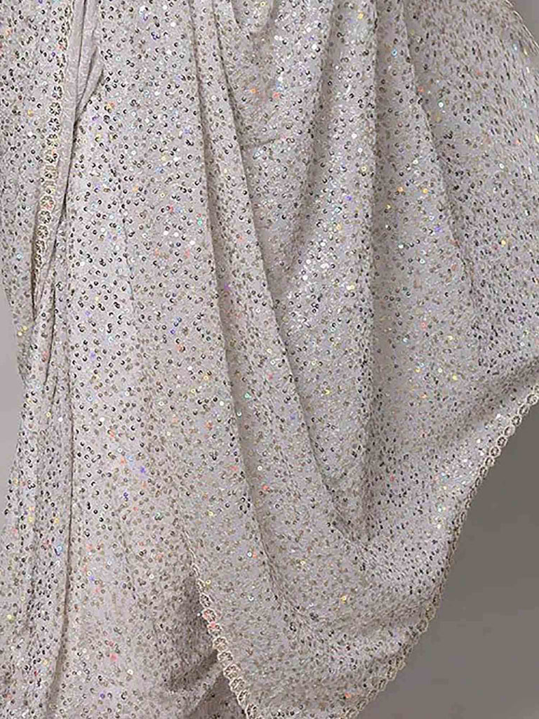 Beautiful White Sequins Georgette Party Wear Saree With Blouse