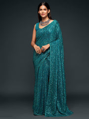 Sabyasachi Teal Blue Sequins Georgette Party Wear Saree With Blouse