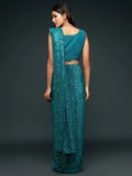Sabyasachi Teal Blue Sequins Georgette Party Wear Saree With Blouse