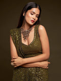 Sabyasachi Mehendi Green Sequins Party Wear Saree With Blouse