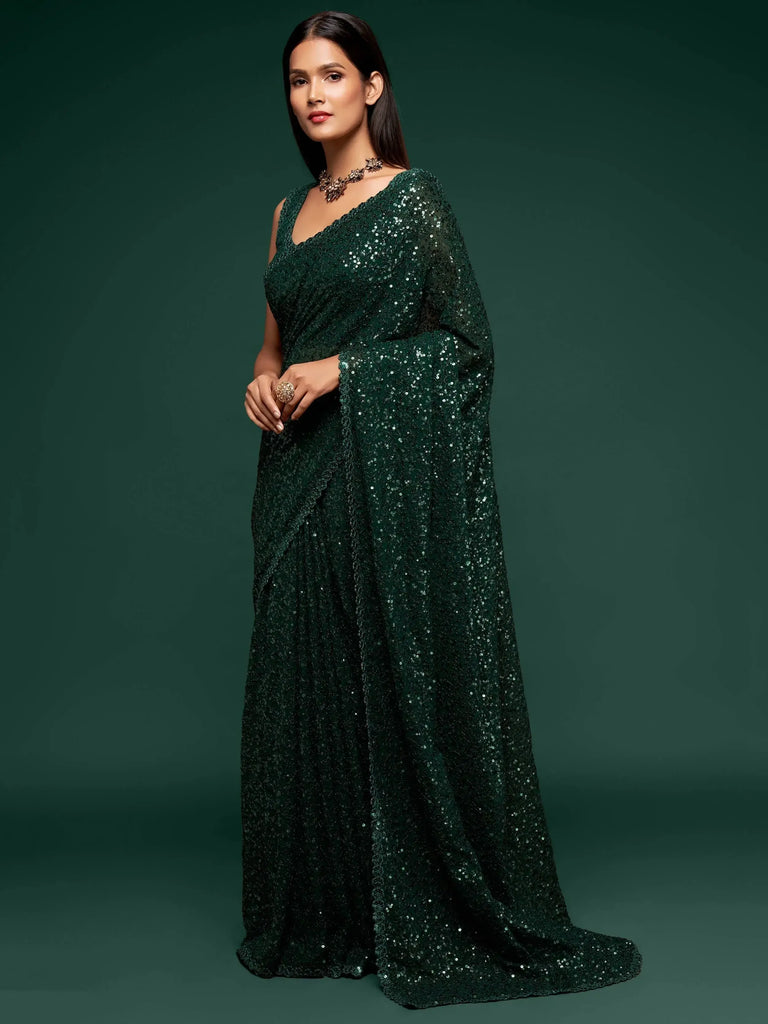 Sabyasachi Bottle Green Sequins Georgette Party Wear Saree With Blouse