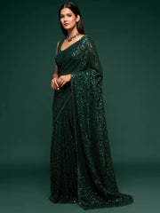 Sabyasachi Bottle Green Sequins Georgette Party Wear Saree With Blouse