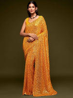 Sabyasachi Yellow Sequins Georgette Party Wear Saree With Blouse