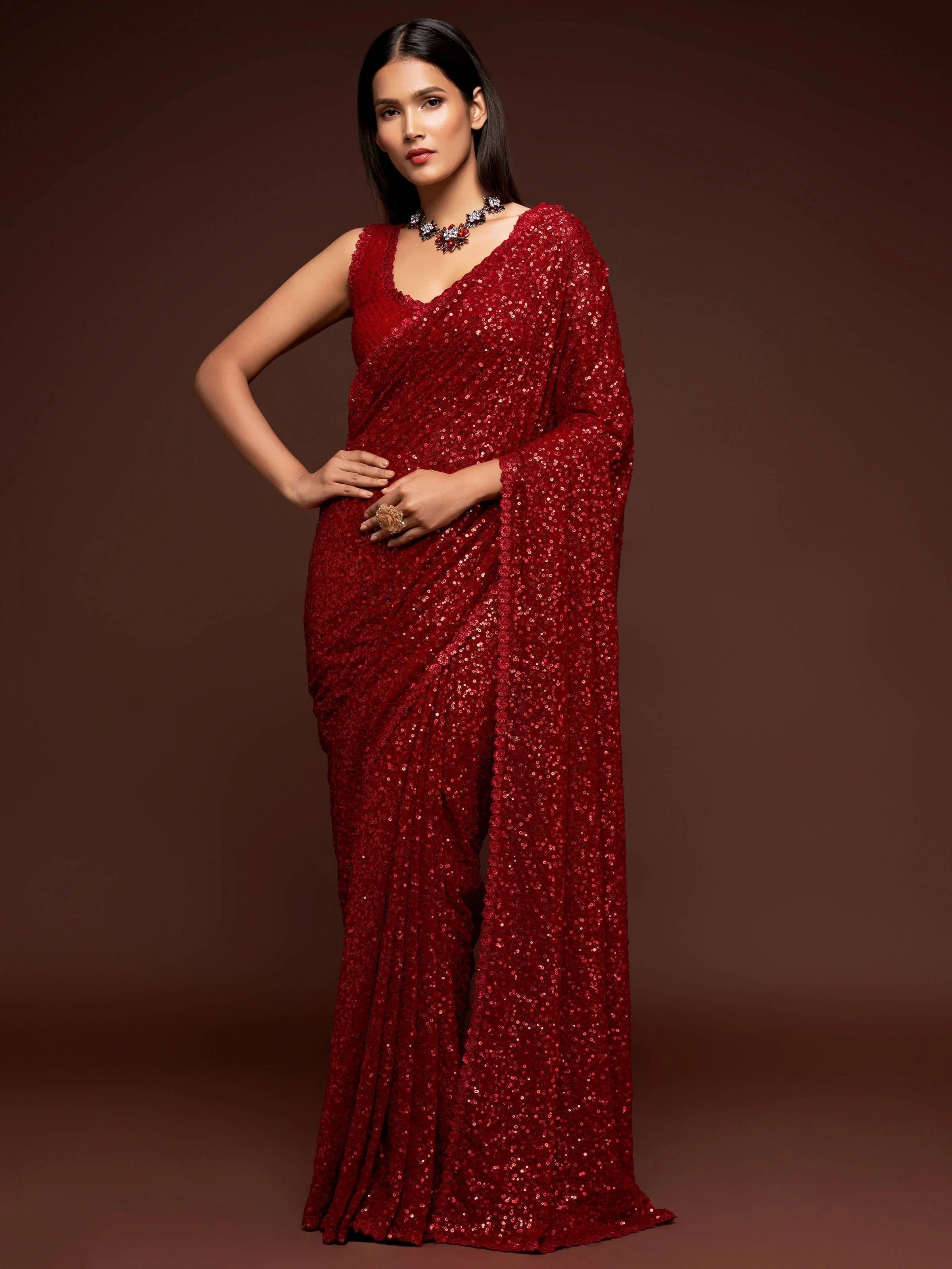 Sabyasachi Red Sequins Party Wear Saree With Blouse