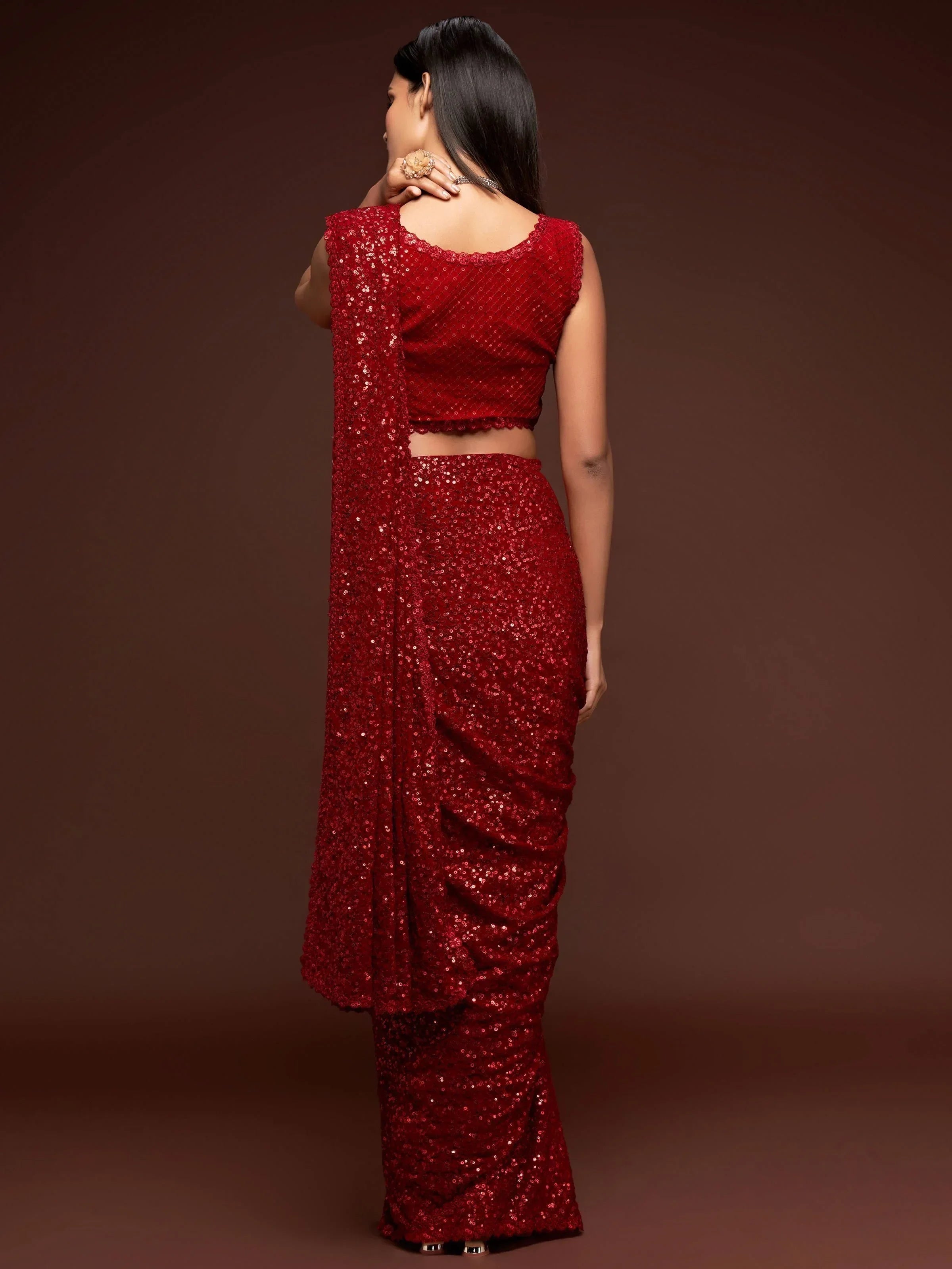 Sabyasachi Red Sequins Party Wear Saree With Blouse