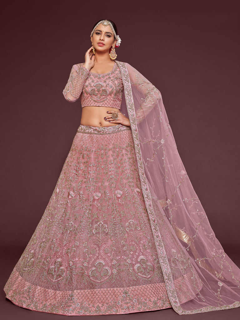 Enchanting Light Pink Embroidered Soft Net Wedding wear Lehenga Choli