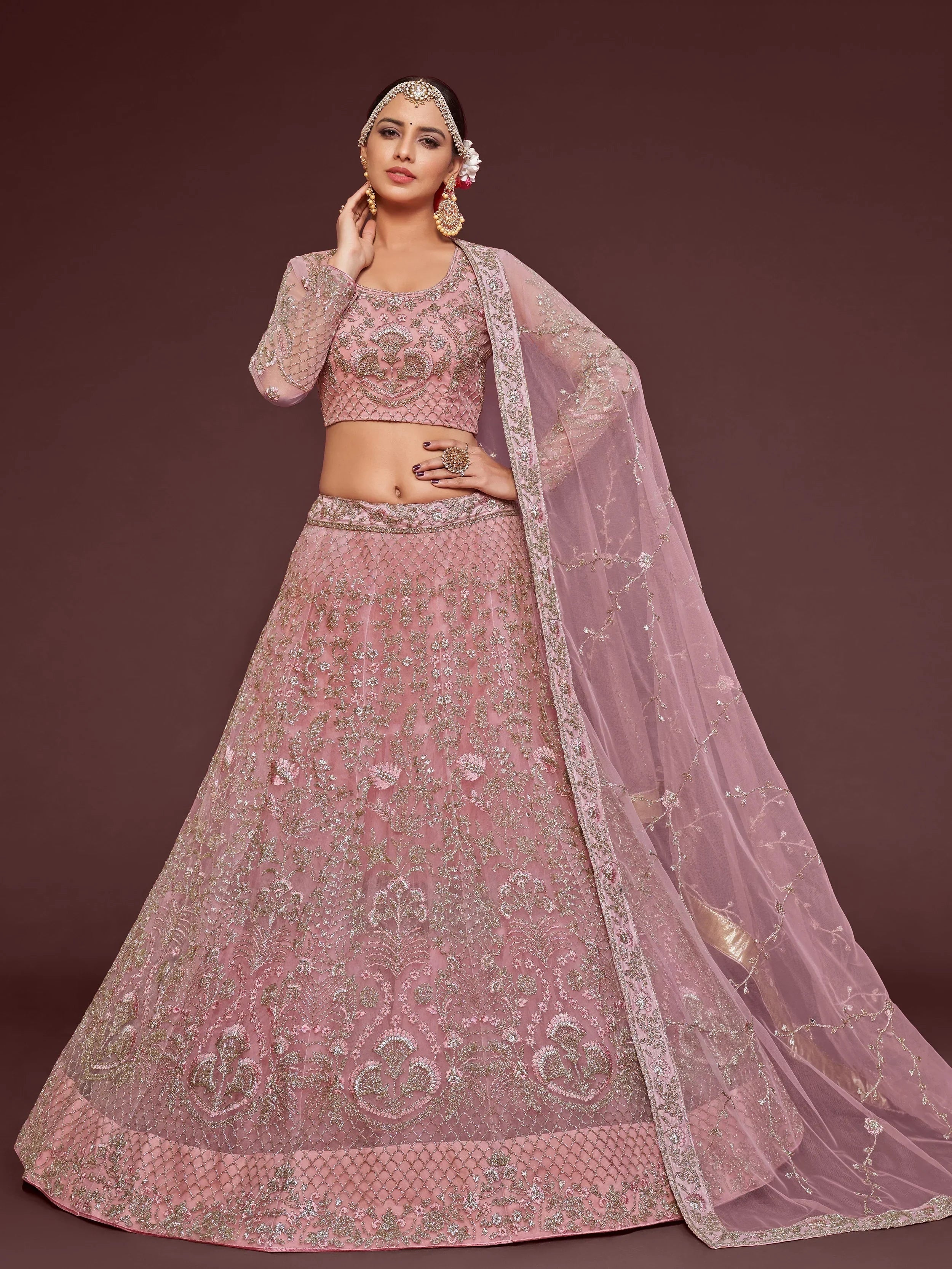 Enchanting Light Pink Embroidered Soft Net Wedding wear Lehenga Choli