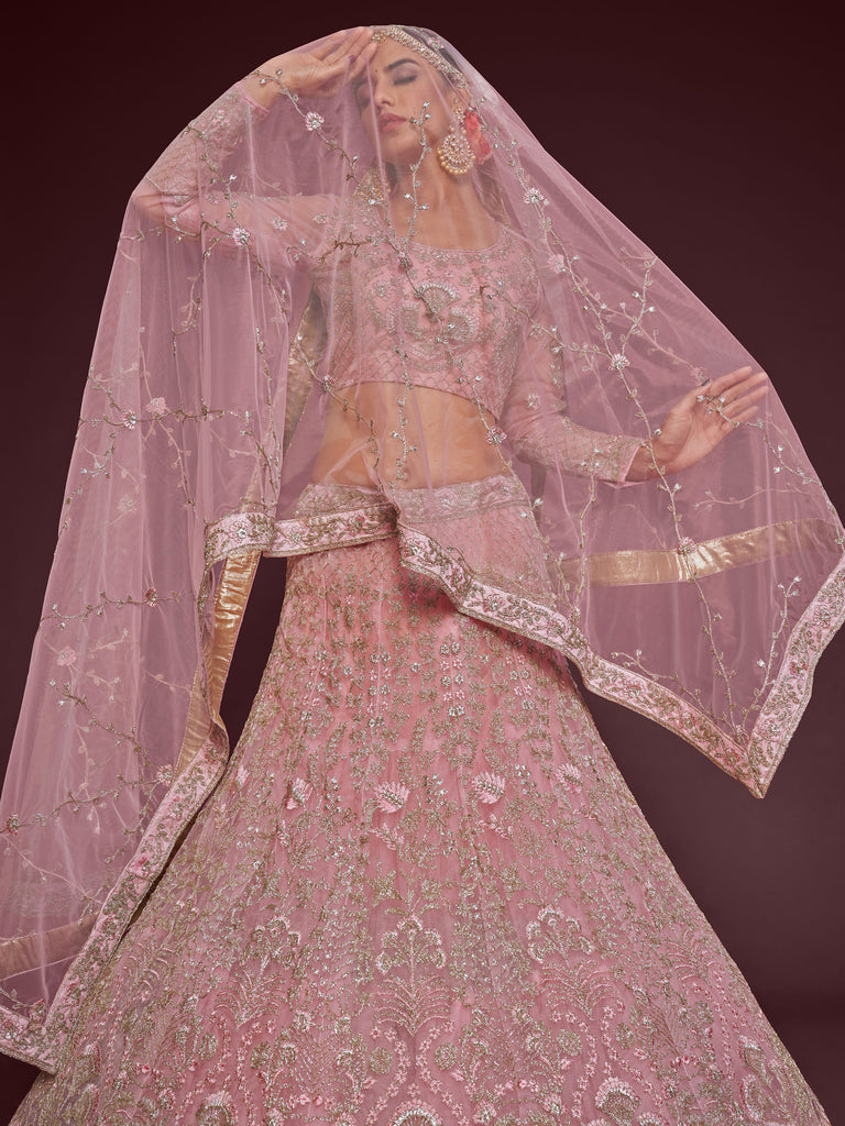 Enchanting Light Pink Embroidered Soft Net Wedding wear Lehenga Choli