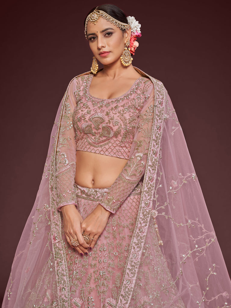 Enchanting Light Pink Embroidered Soft Net Wedding wear Lehenga Choli