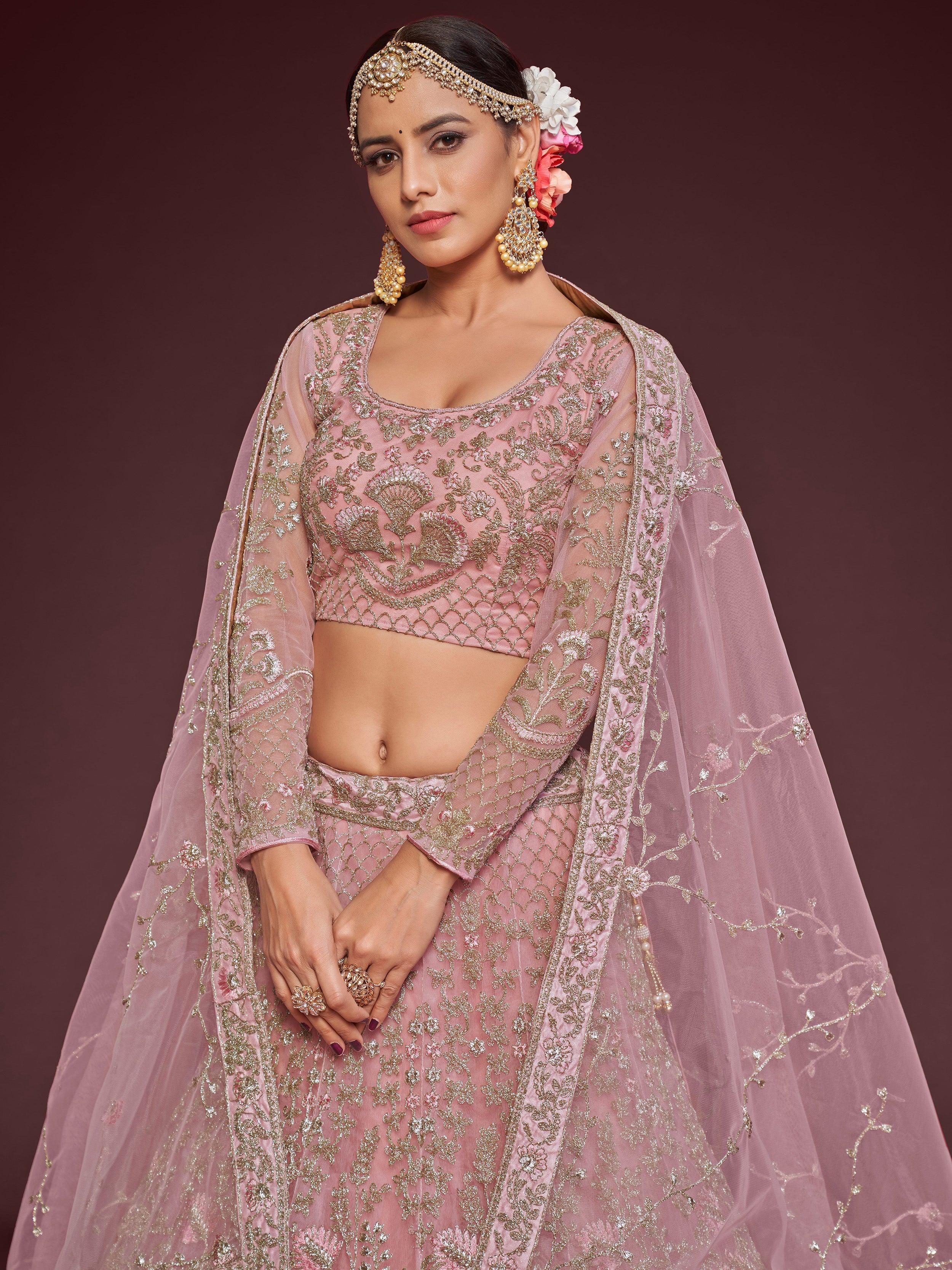 Enchanting Light Pink Embroidered Soft Net Wedding wear Lehenga Choli