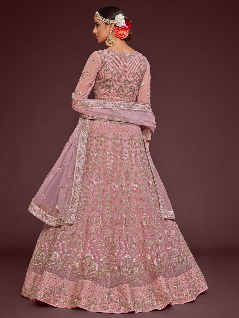 Enchanting Light Pink Embroidered Soft Net Wedding wear Lehenga Choli