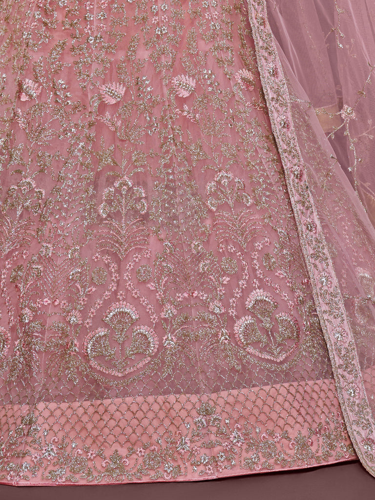Enchanting Light Pink Embroidered Soft Net Wedding wear Lehenga Choli