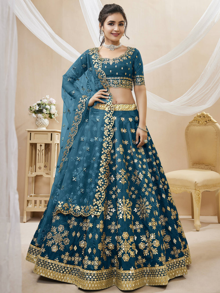 Classic Blue Embroidered Silk Engagement Wear Plus Size Lehenga Choli
