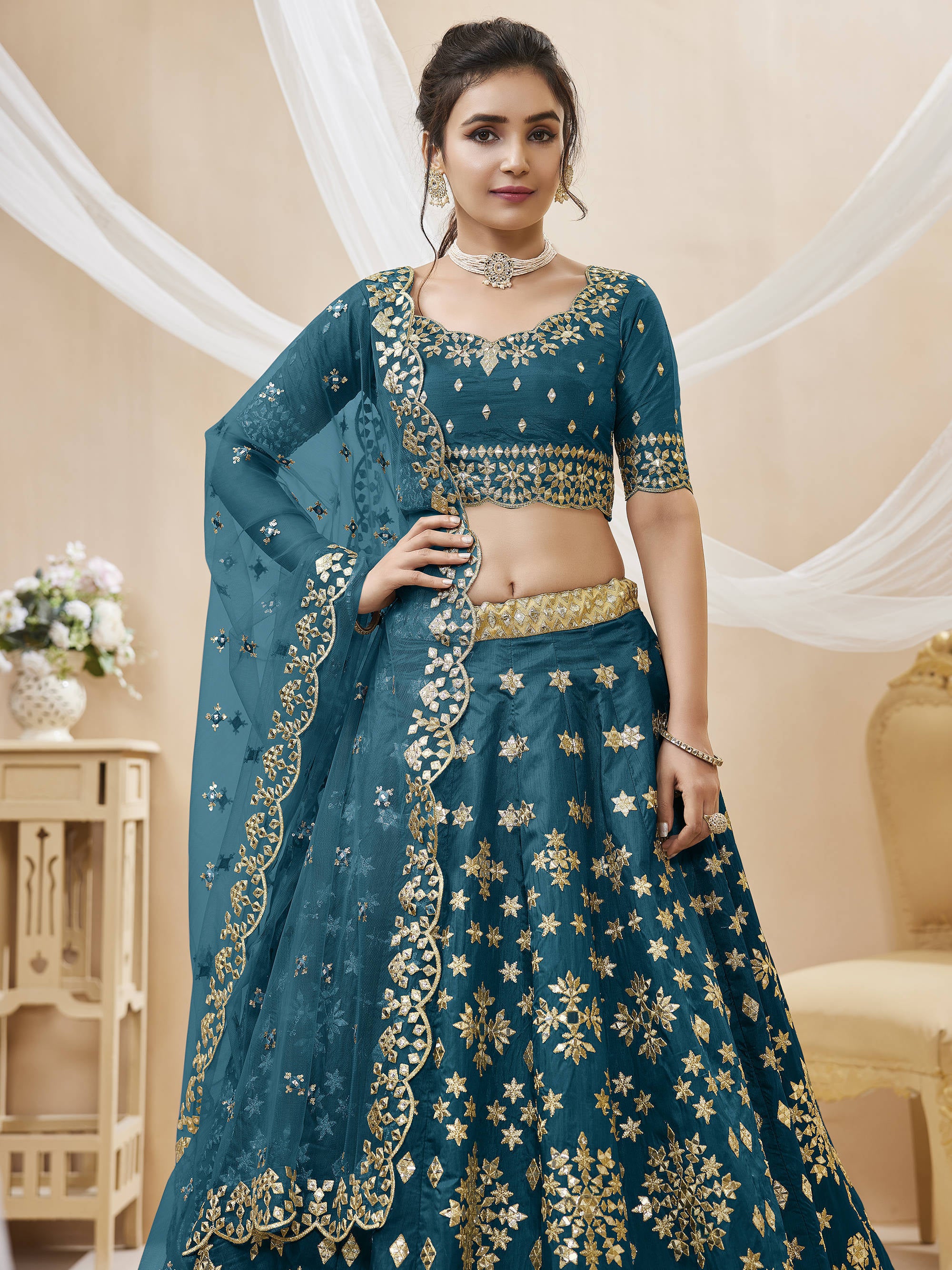 Classic Blue Embroidered Silk Engagement Wear Plus Size Lehenga Choli