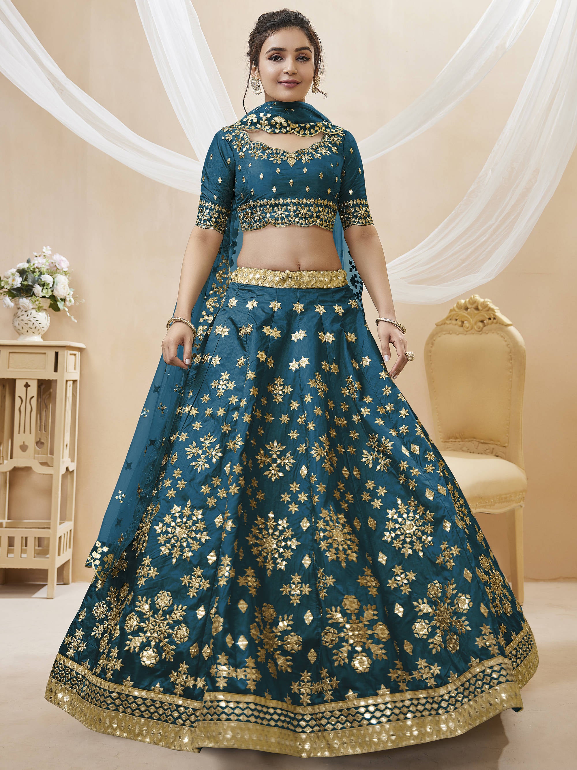 Classic Blue Embroidered Silk Engagement Wear Plus Size Lehenga Choli
