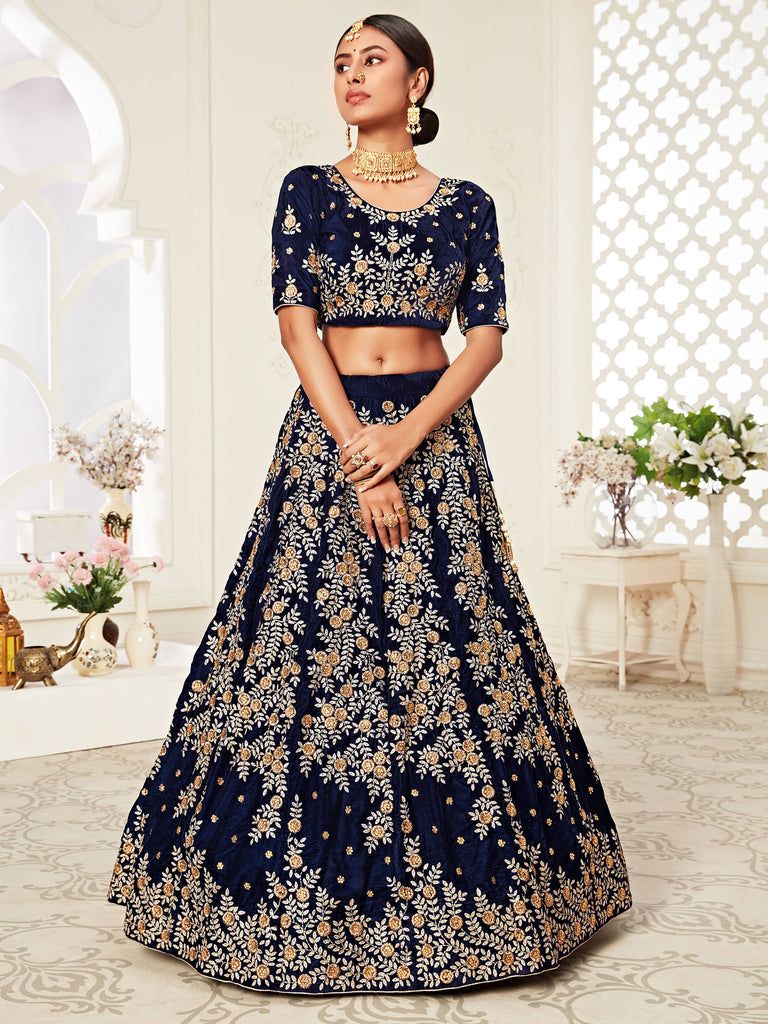 Great Navy Blue Embroidered Velvet Function Wear Plus Size Lehenga Choli