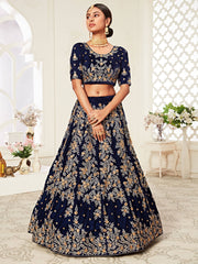 Great Navy Blue Embroidered Velvet Function Wear Plus Size Lehenga Choli