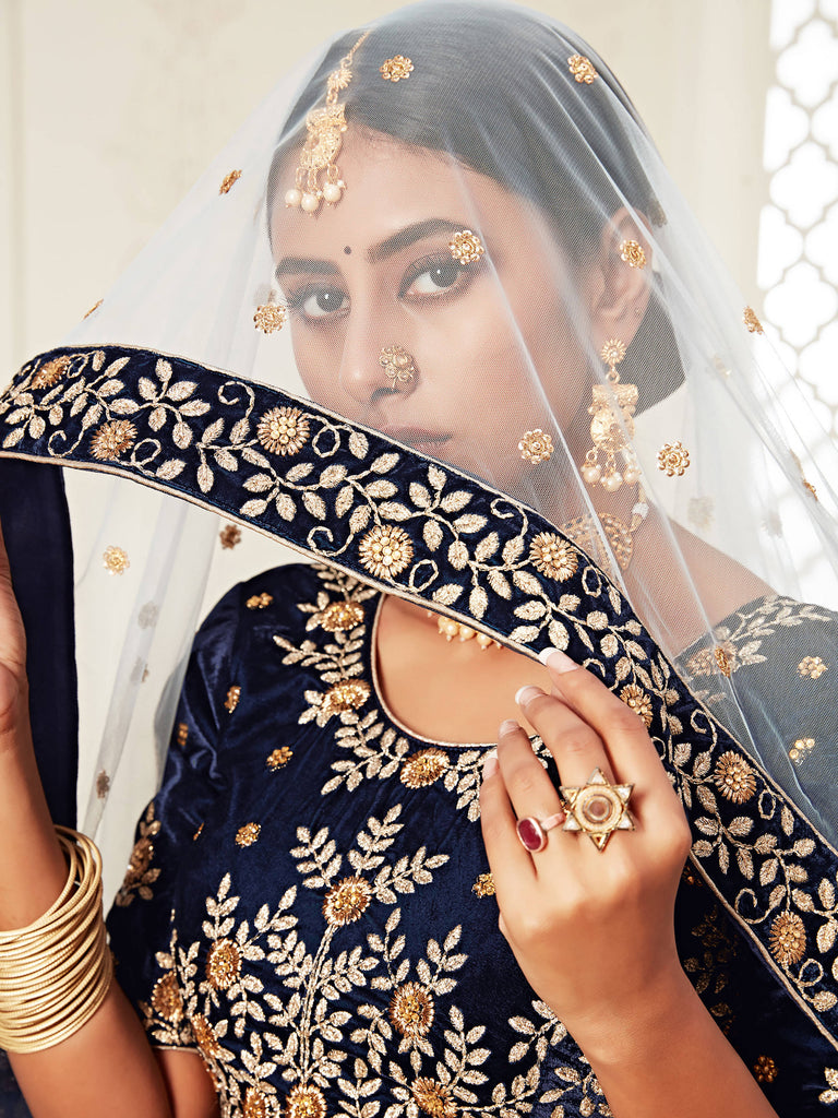 Great Navy Blue Embroidered Velvet Function Wear Plus Size Lehenga Choli