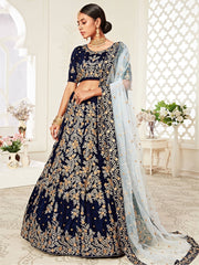 Great Navy Blue Embroidered Velvet Function Wear Plus Size Lehenga Choli