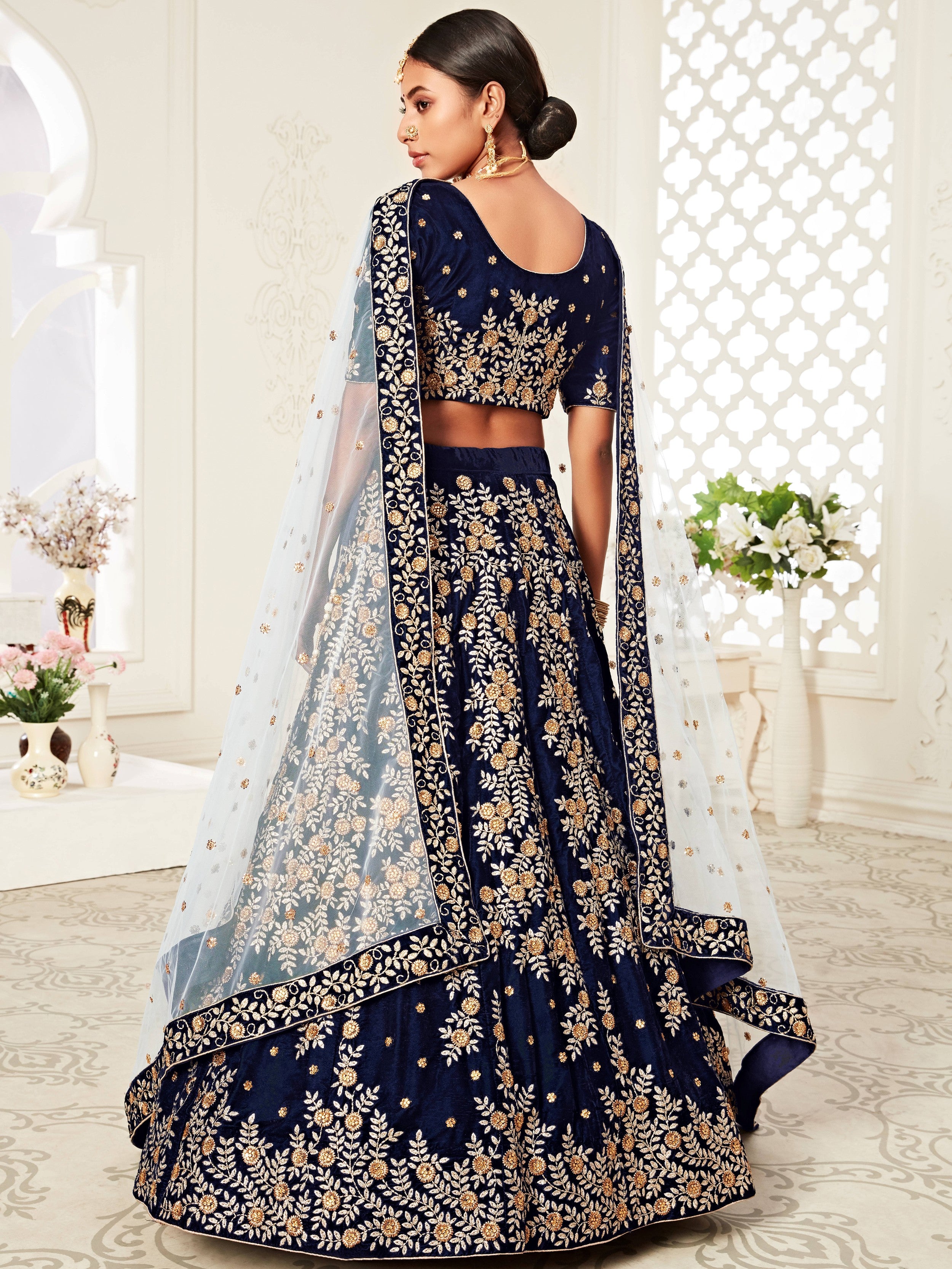Great Navy Blue Embroidered Velvet Function Wear Plus Size Lehenga Choli