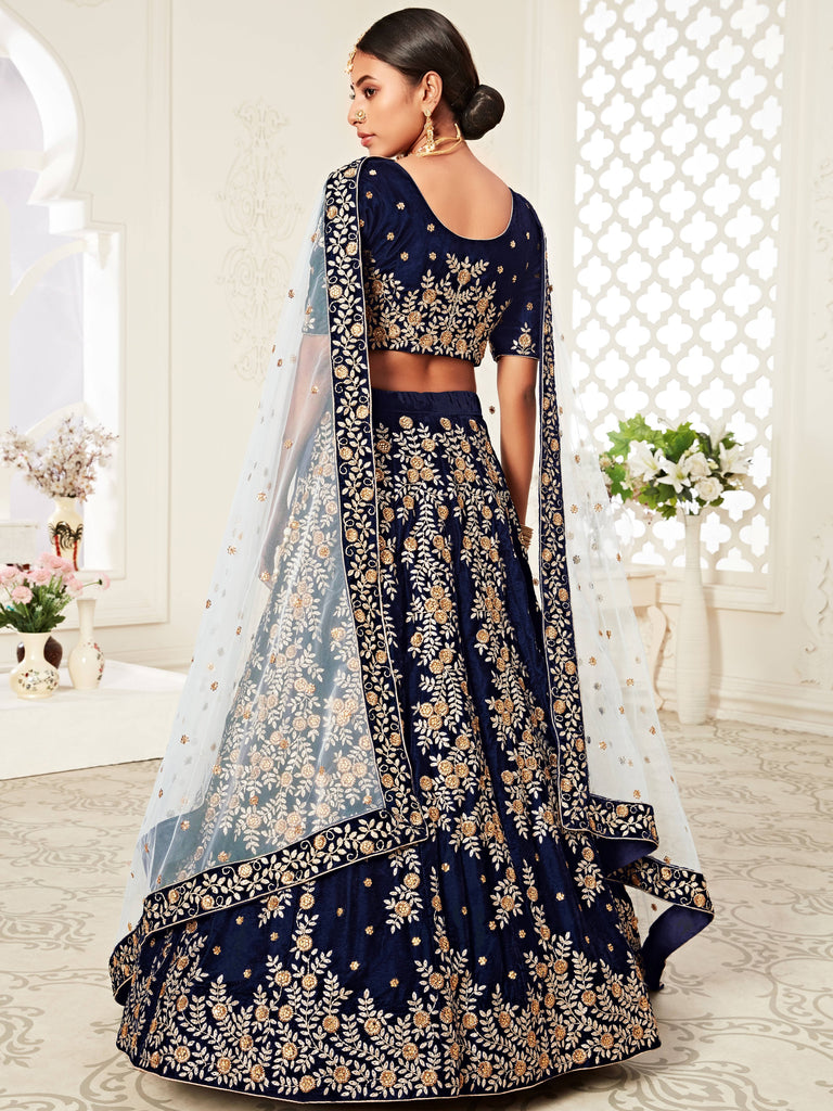 Great Navy Blue Embroidered Velvet Function Wear Plus Size Lehenga Choli