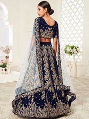 Great Navy Blue Embroidered Velvet Function Wear Plus Size Lehenga Choli
