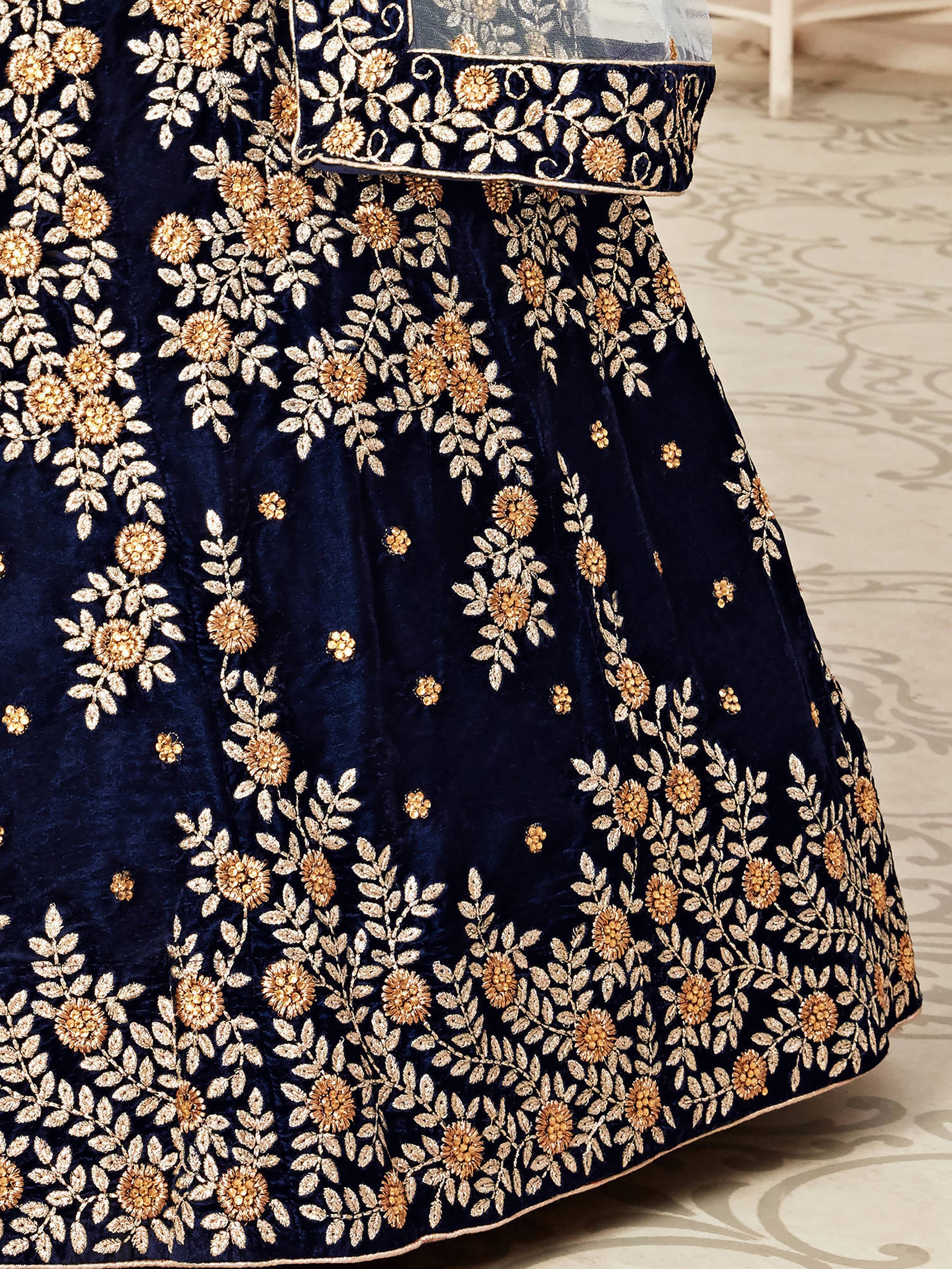 Great Navy Blue Embroidered Velvet Function Wear Plus Size Lehenga Choli