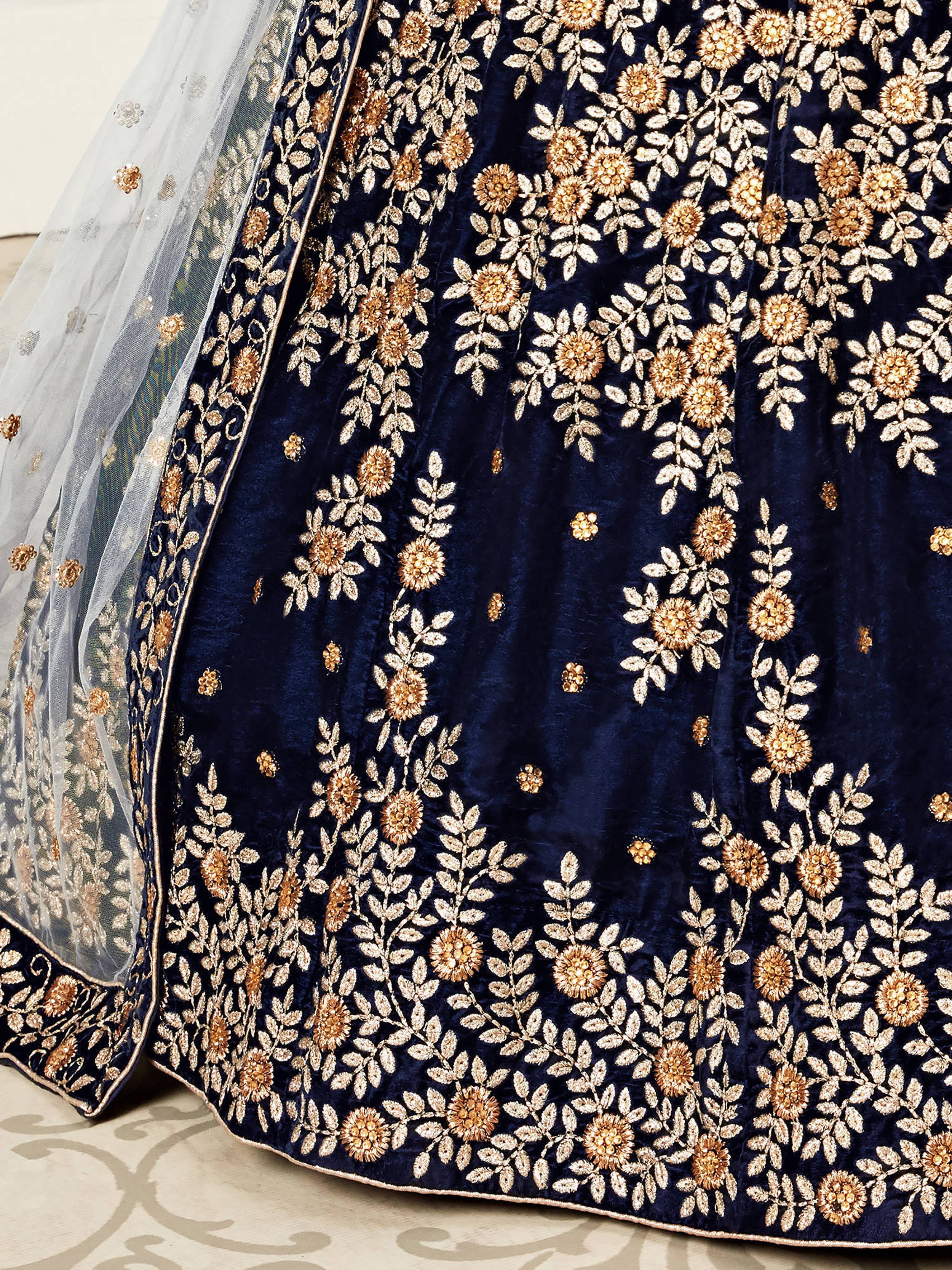 Great Navy Blue Embroidered Velvet Function Wear Plus Size Lehenga Choli