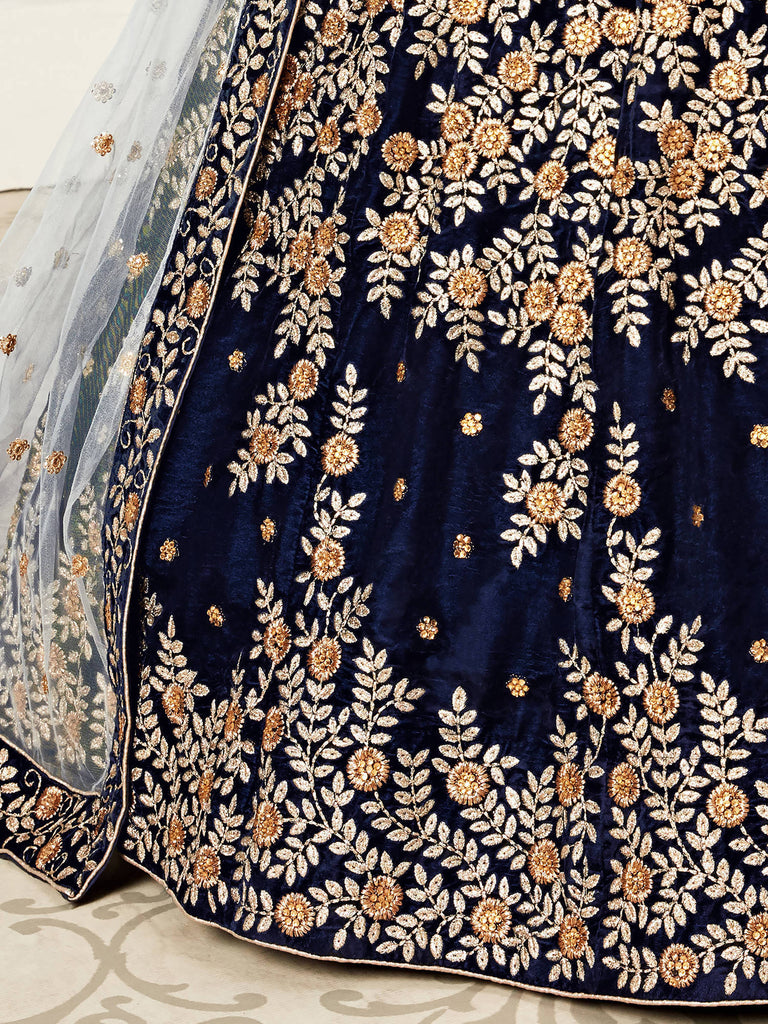Great Navy Blue Embroidered Velvet Function Wear Plus Size Lehenga Choli