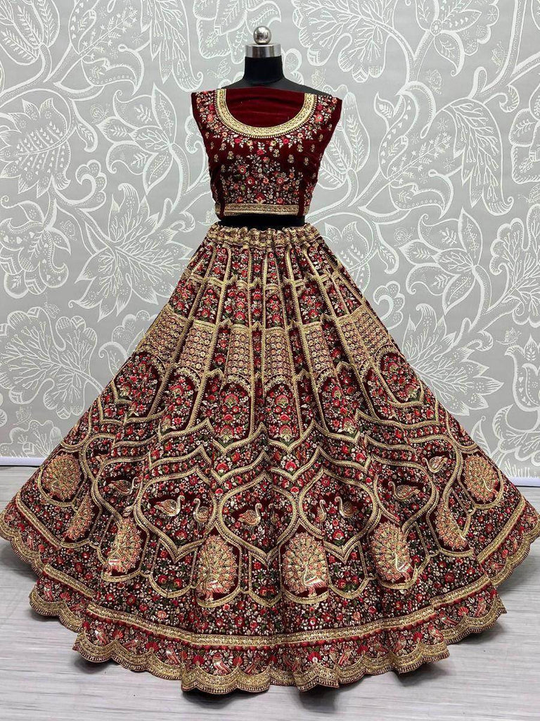 Rich Maroon Thread Work Velvet Bridal Lehenga Choli with Two Dupatta