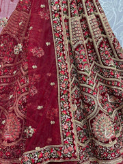 Rich Maroon Thread Work Velvet Bridal Lehenga Choli with Two Dupatta