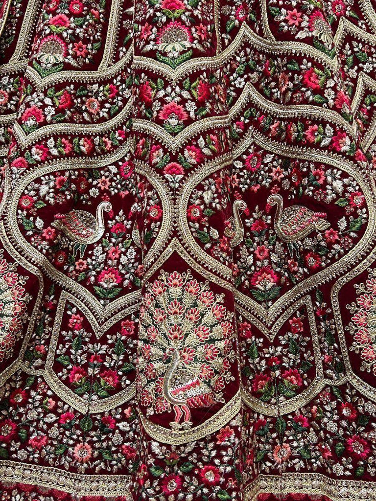 Rich Maroon Thread Work Velvet Bridal Lehenga Choli with Two Dupatta