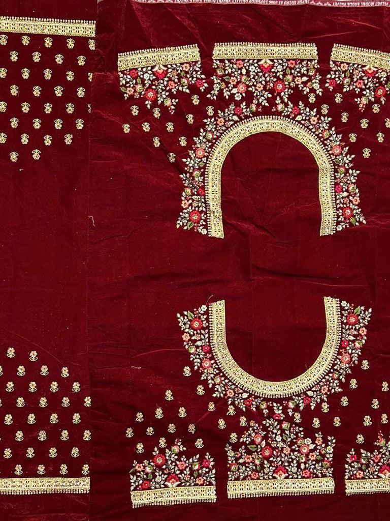 Rich Maroon Thread Work Velvet Bridal Lehenga Choli with Two Dupatta