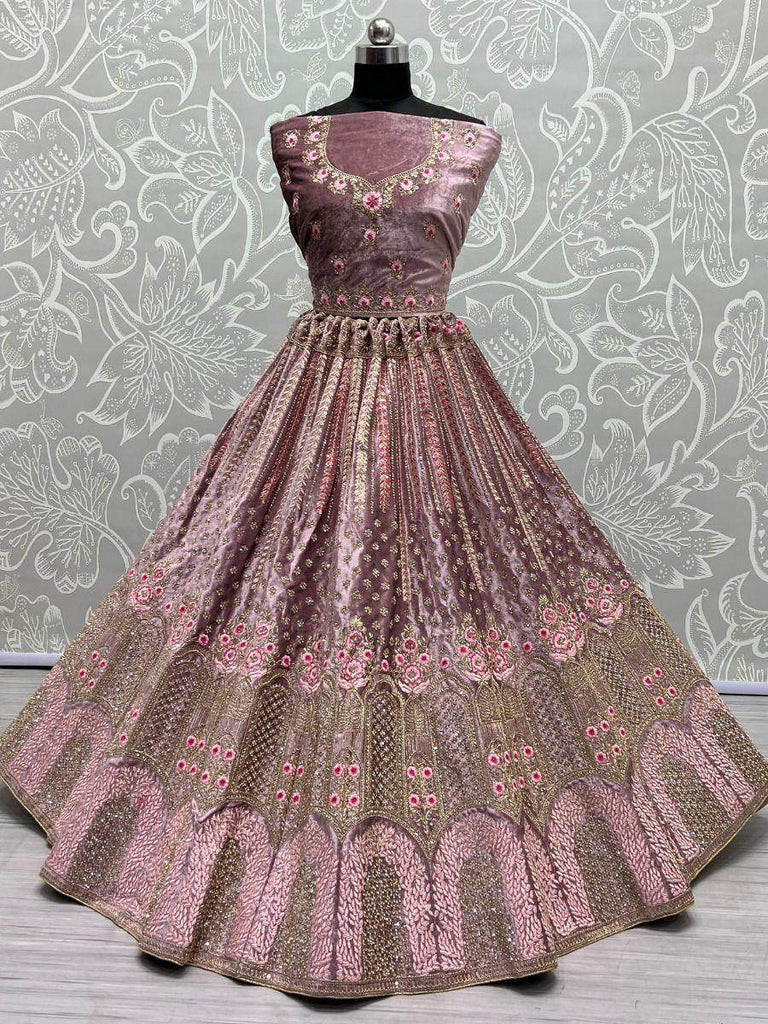 Enchanting Peach Thread Work Velvet Bridal Lehenga Choli