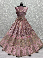 Enchanting Peach Thread Work Velvet Bridal Lehenga Choli