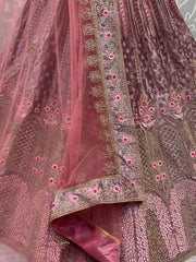 Enchanting Peach Thread Work Velvet Bridal Lehenga Choli