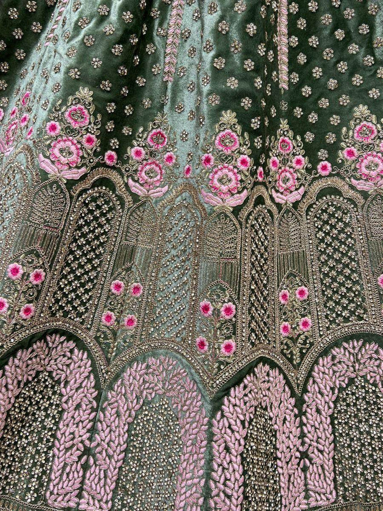 Magical Mehendi-Green Thread Work Velvet Wedding Lehenga Choli