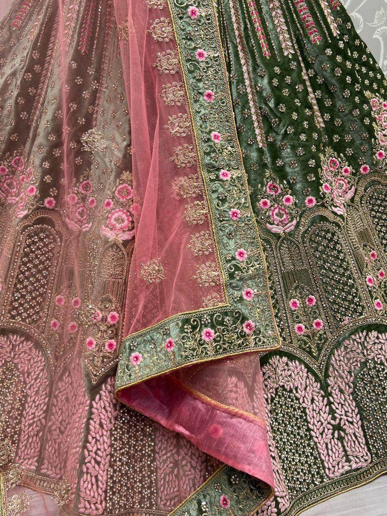 Magical Mehendi-Green Thread Work Velvet Wedding Lehenga Choli