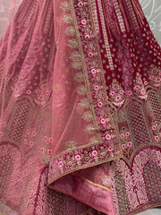 Preety Pink Thread Work Velvet Bridal Wear Lehenga Choli