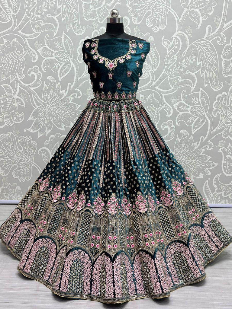 Enchanting Teal Thread Work Velvet Bridal Lehenga Choli
