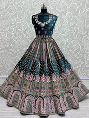 Enchanting Teal Thread Work Velvet Bridal Lehenga Choli