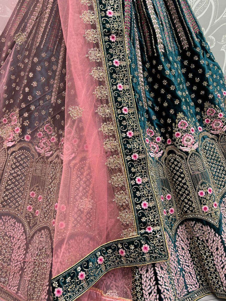 Enchanting Teal Thread Work Velvet Bridal Lehenga Choli