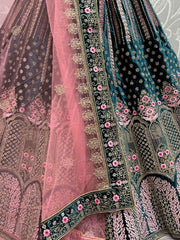 Enchanting Teal Thread Work Velvet Bridal Lehenga Choli