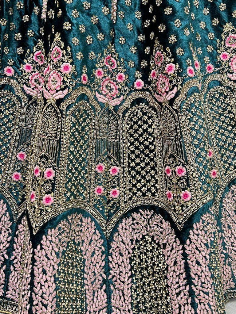 Enchanting Teal Thread Work Velvet Bridal Lehenga Choli
