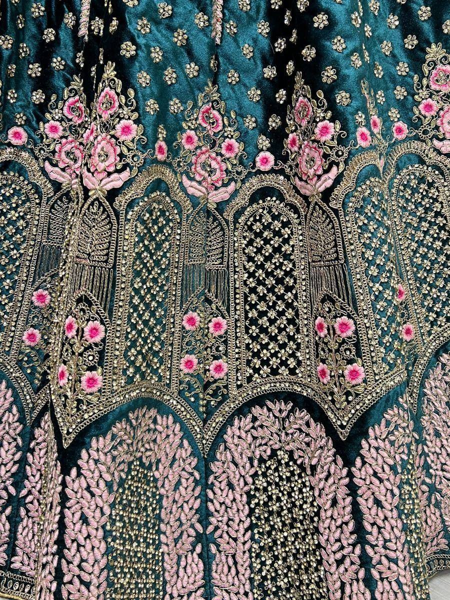 Teal velvet lehenga with pink floral embroidery and gold zari work, Indian ethnic wear