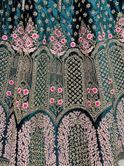 Enchanting Teal Thread Work Velvet Bridal Lehenga Choli